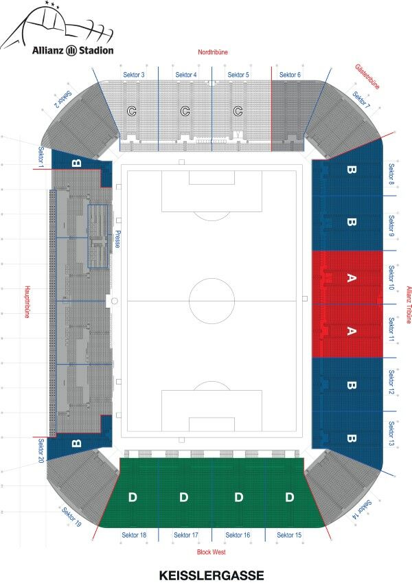 Stadionplan mit eingefärbten Sektoren A - B - C - D-1500x000